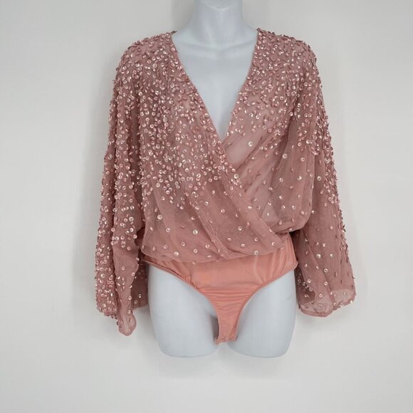 ASOS Pink Sequin Wrap Tall Length Bodysuit NEW‎ Size US8 - Picture 5 of 10